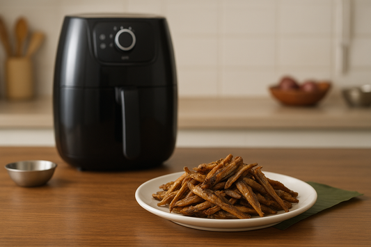 A warm kitchen scene featuring a sleek black air fryer placed on a wooden countertop, with a plate of golden-brown air-fried dry fish snacks in the foreground. The crispy dry fish pieces are served on a white ceramic plate