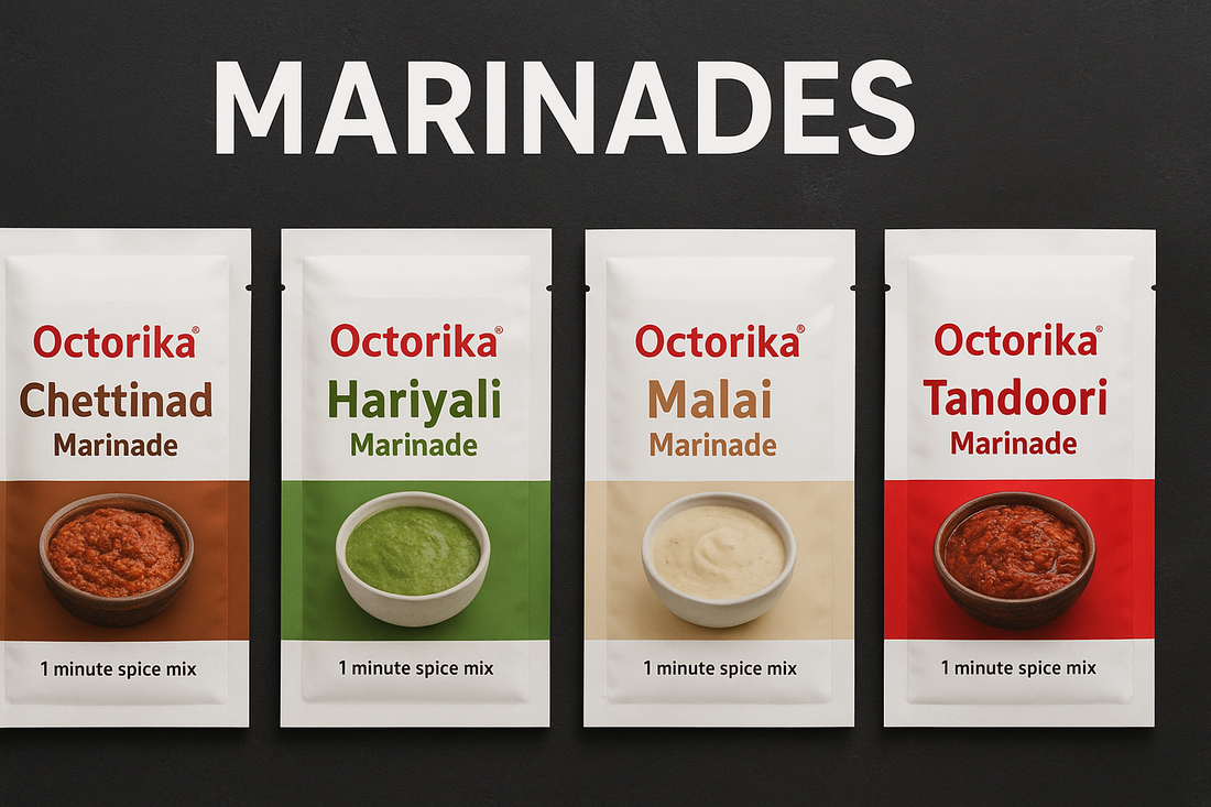 Four Octorika marinades — Chettinad, Hariyali, Malai, and Tandoori — displayed side by side with fresh ingredients and marinated dishes in the background