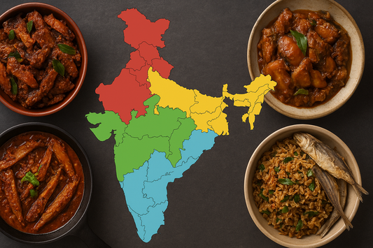 A creative digital illustration of India’s map highlighting Kerala, Bengal, Andhra Pradesh, and Maharashtra with traditional dry fish dishes representing each state’s regional specialty