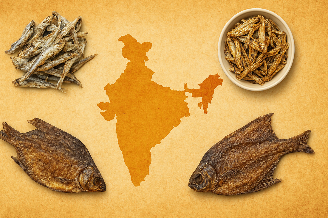 A creative digital composition featuring the map of India with a highlighted focus on Northeast India, surrounded by traditional dry fish dishes and raw dried fish elements, symbolizing the region’s famous dry fish recipes in a cultural and culinary theme