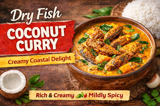 Thumbnail showing a rustic bowl of dry fish coconut curry in creamy orange coconut gravy garnished with curry leaves, served with steamed rice and coconut on a wooden table
