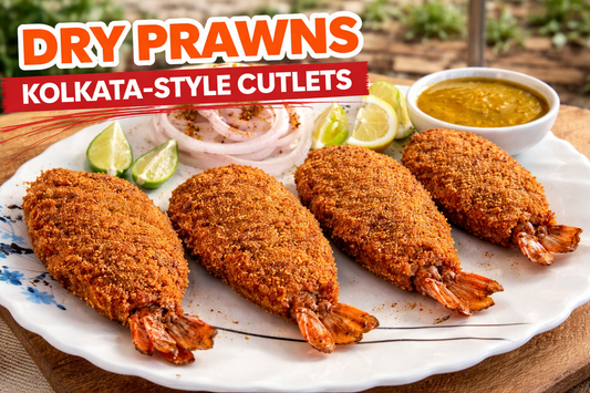 Golden-brown Kolkata-style dry prawns cutlets arranged on a white plate with mustard kasundi, onion rings, and lemon wedges on a rustic restaurant table, showcasing crispy seafood street food made with premium Octorika dry prawns.