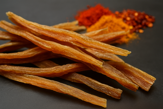 A close-up image of dried fish strips arranged on a dark surface, with vibrant piles of red chili powder, turmeric, and other ground spices blurred in the background, highlighting the rich texture and color contrast.