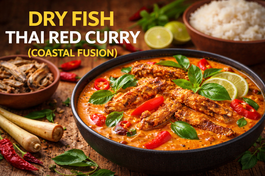 A vibrant bowl of Dry Fish Thai Red Curry garnished with fresh basil leaves, red chilies, and lime slices, served on a rustic wooden table with a side of jasmine rice, lemongrass, dried fish, and Thai spices, featuring the title Dry Fish Thai Red Curry 