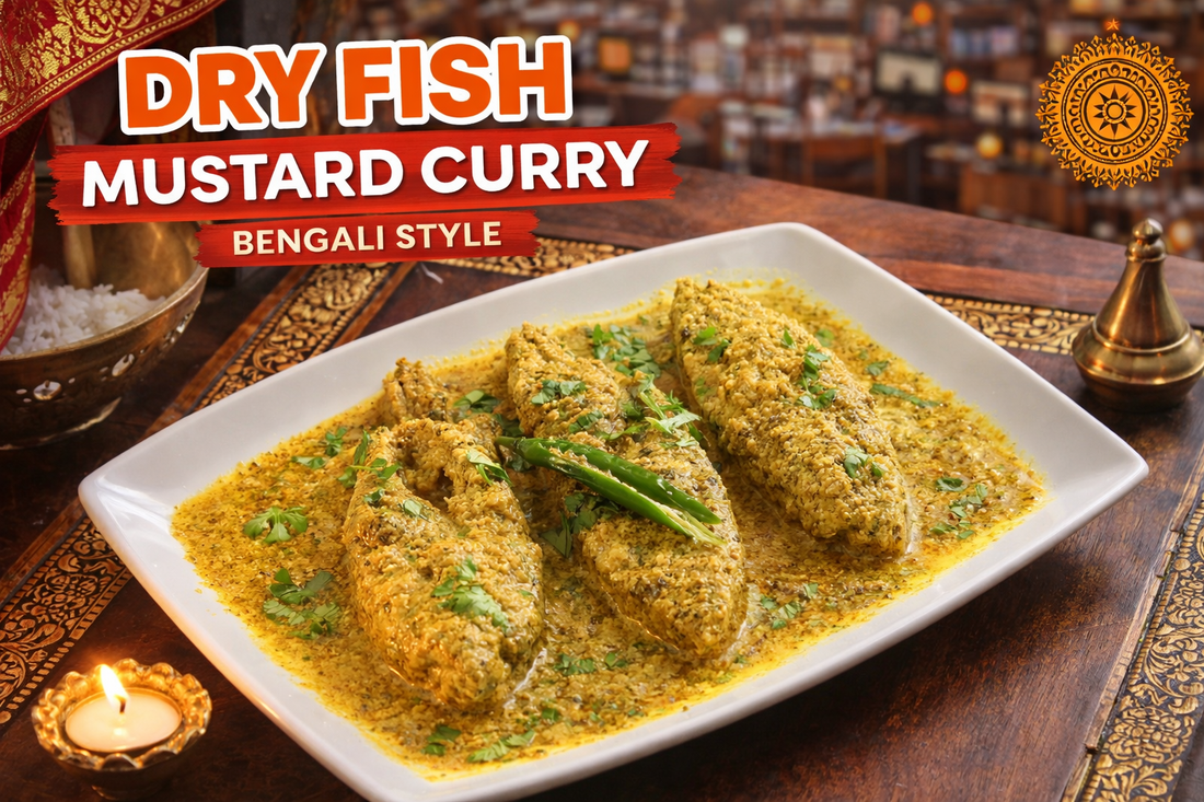 Bengali-style dry fish mustard curry served on a white rectangular plate with thick shorshe gravy, green chilies, and coriander garnish, placed on a traditional wooden table in a modern Bengali restaurant setting with warm lighting
