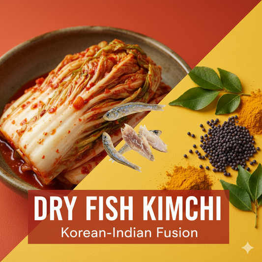 showing vibrant red kimchi and the other showing golden Indian spices