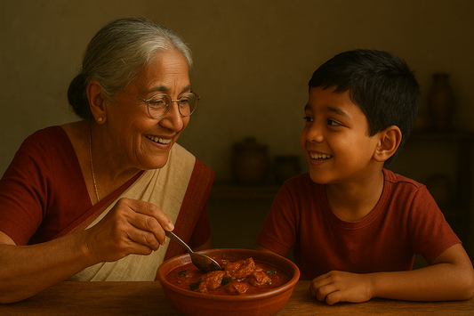 An elderly Indian grandmother in a traditional saree smiles warmly at her young grandson as they sit at a wooden table with a clay bowl of dry fish curry in front of them, creating a nostalgic 90s vibe in a rustic kitchen setting.
