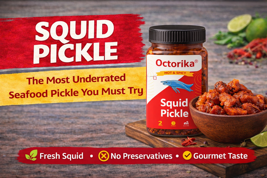 Thumbnail showing Octorika Squid Pickle jar placed on a wooden table alongside a bowl filled with spicy squid pickle, with bold text highlighting it as an underrated seafood pickle.