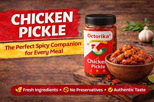 Thumbnail showing Octorika Chicken Pickle jar placed on a wooden table alongside a bowl filled with spicy chicken pickle pieces, with bold text highlighting it as the perfect spicy companion for every meal.