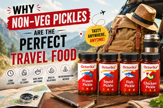 Non-veg pickles by Octorika displayed with travel items like backpack and map, highlighting chicken pickle, prawn pickle, fish pickle, and squid pickle as perfect travel food
