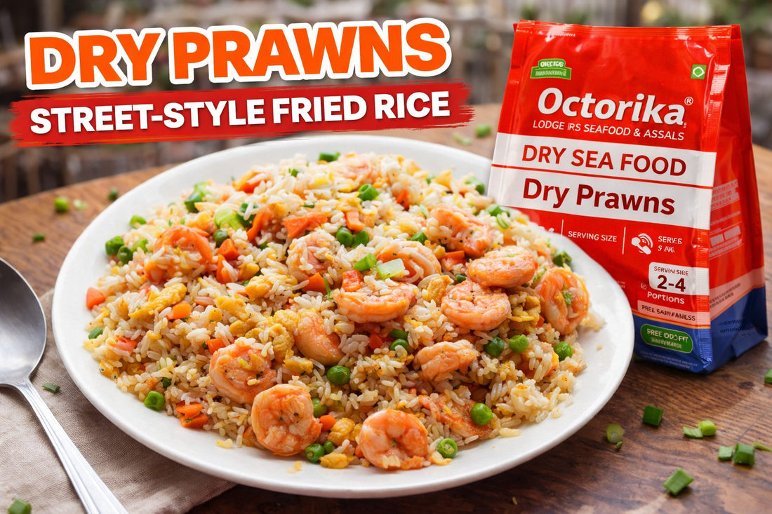 Close-up image of Dry Prawns Street-Style Fried Rice served on a white plate, garnished with spring onions and vegetables, placed on a rustic wooden table with an Octorika Dry Prawns packet beside the dish in a bright, vibrant outdoor café setting