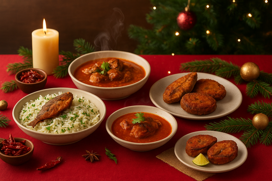 A festive Indian coastal dining table set for Christmas featuring steaming bowls of dry fish curry, fried rice, and crispy fish cutlets, decorated with candles, pine leaves, and golden ornaments for a warm, celebratory ambiance