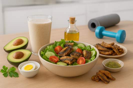 a healthy high-protein meal setup with a bowl of grilled dry fish salad with tomatoes and cucumbers, a glass of protein smoothie, air-fried dry fish pieces, avocado halves, boiled egg, olive oil, and herbs 