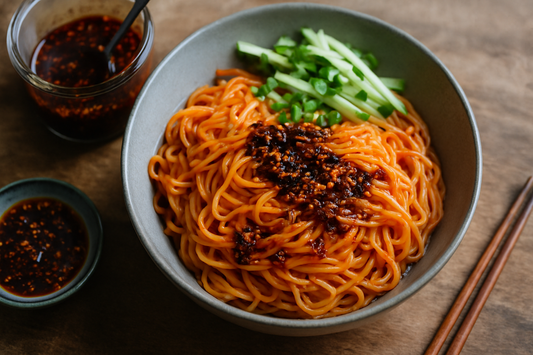 A close-up shot of Korean-style noodles served in a ceramic bowl, topped with a rich garlic chili oil and garnished with fresh cucumber strips and chopped green onions, with small bowls of chili oil and wooden chopsticks beside it.