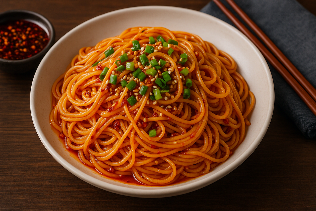 photo of spicy Korean chili oil noodles served in a shallow white bowl