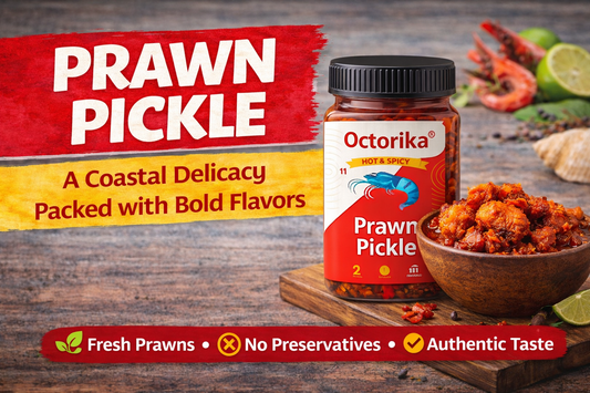 Thumbnail showing Octorika Prawn Pickle jar placed on a wooden table alongside a bowl filled with spicy prawn pickle, with bold text highlighting it as a coastal delicacy packed with bold flavors.