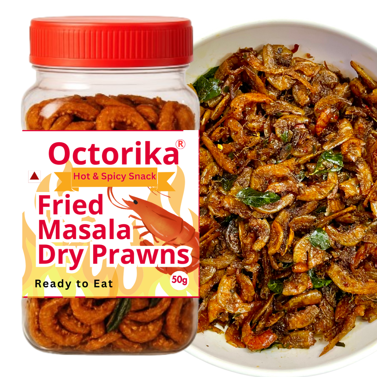 Octorica fried masala dry prawns snack – spicy ready-to-eat seafood in jar and bowl with crispy curry leaves