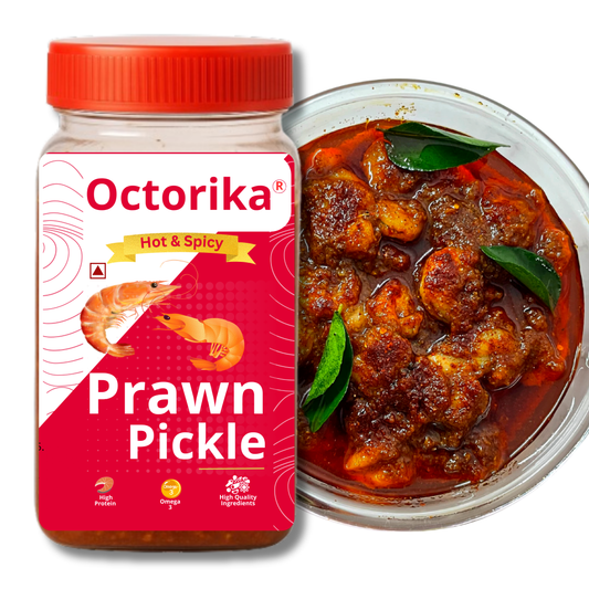 Prawn pickle from Octorika in a pet bottle next to it there is a premium looking prawn pickle photo