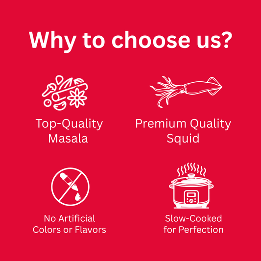  Infographic showing reasons to choose Octorikasquid pickle  top-quality masala, premium squid, no artificial colors, and slow-cooked perfection