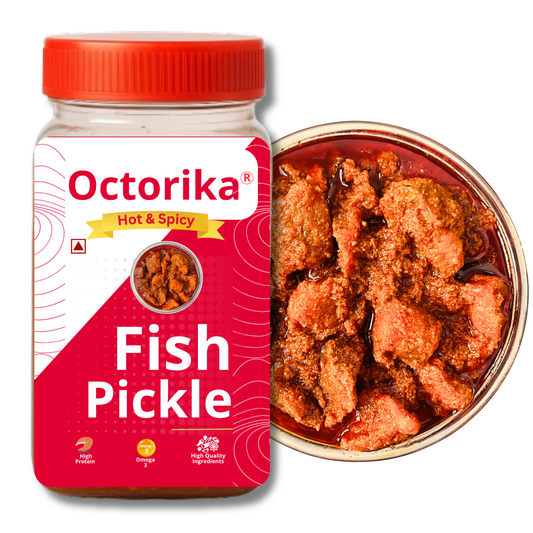 Octorika fish pickle with premium fish chunks in top-quality masala, shown in a bowl and jar